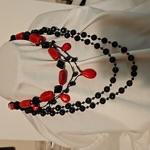 3 Black & Red Acrylic Beads, Cord & Goldtone 17" to 44" Necklaces